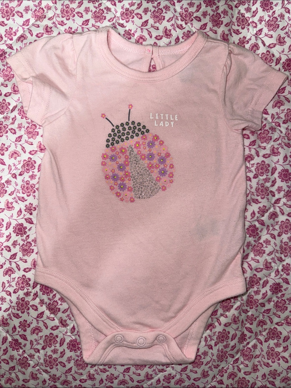 Garanimals Pink Short-Sleeve Baby Onesie with Ladybug Floral Graphic 0-3M